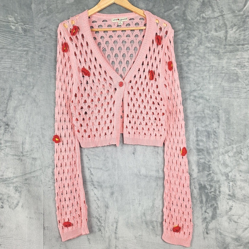Womens Cardigan XL Pink Crochet Open Knit Cottage Cropped Boho Feminine Coquette